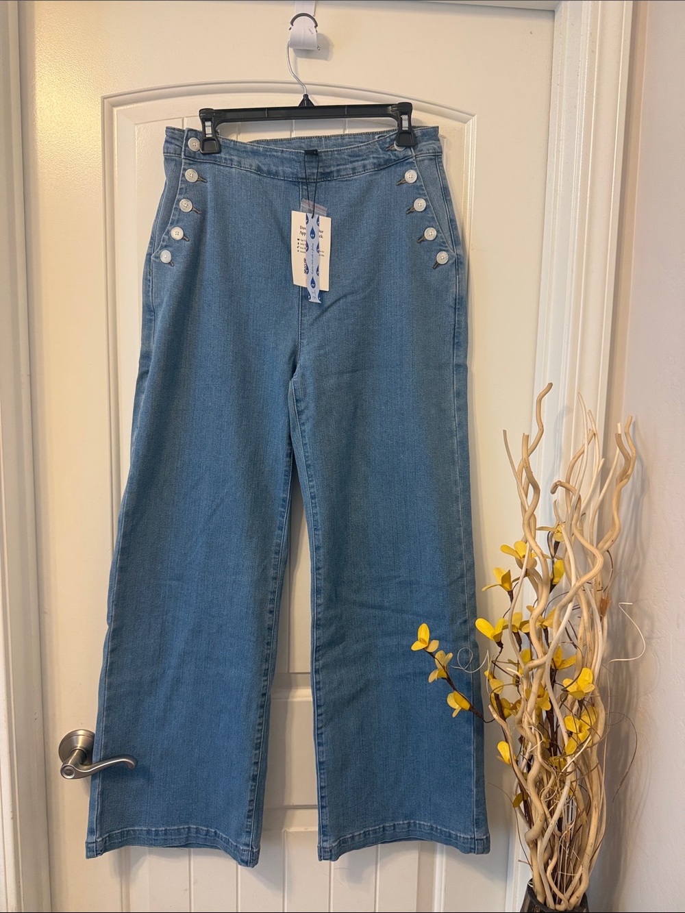 Cider Light Blue Wide-Leg High-Waist Jeans with Side Button Detail